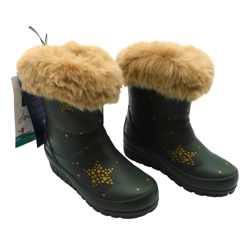 NWT Joules Girls Size 10 Little Kids Muted Green Boots Wellies Faux Fur Star